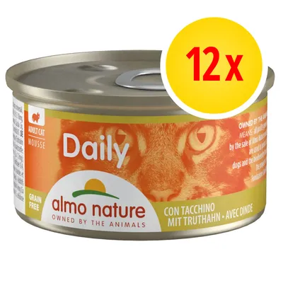 almo nature Daily, puszka dla kota dorosłego, mousse, bez zbóż, 12 x, z indykiem, napis: CON TACCHINO MIT TRUTHAN AVEC DINDE