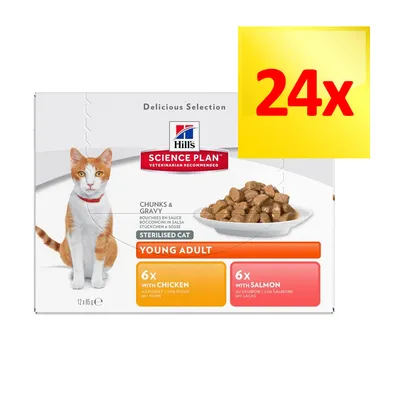 Hill's Science Plan Sterilised Cat Young Adult, 24x85 g, 6x z kurczakiem, 6x z łososiem. Mokra karma w kawałkach w sosie dla kotów sterylizowanych.