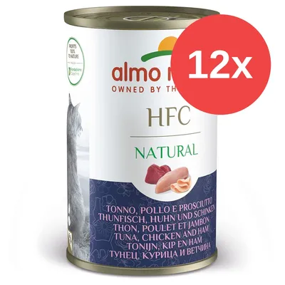 almo nature HFC Natural, tuńczyk, kurczak i szynka, 12x puszka. Widoczny napis: PROFITS 100% TO NATURE. Grafika kota na opakowaniu.