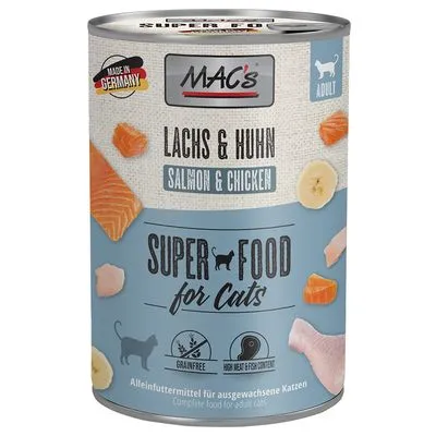 MAC's Lachs & Huhn Salmon & Chicken Super Food for Cats, Adult, Made in Germany, graanvrij, hoog vlees- en visgehalte. Complete voeding voor volwassen katten. Tekst deels in het Duits/Engels. MAC's Lachs & Huhn Salmon & Chicken Super Food for Cats, Adult, Made in Germany, graanvrij, hoog vlees- en visgehalte. Complete voeding voor volwassen katten. Tekst deels in het Duits/Engels.