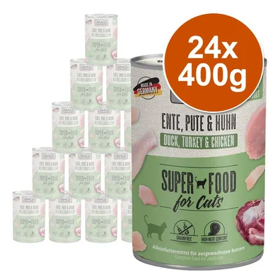 MAC's Super Food for Cats Ente, Pute & Huhn, Duck, Turkey & Chicken, 24×400g konzervy, nápisy Grainfree, High Meat Content, Made in Germany na obalu.