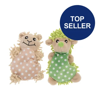 Zwei Plüschspielzeuge in Tierform mit gepunkteten Designs, eines beige, das andere grün. Blauer Kreis mit Text 'Top Seller'.