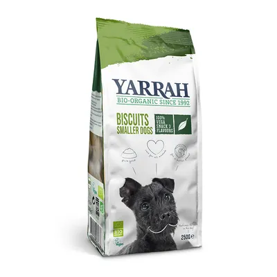 Yarrah Bio-Organic Since 1992 Biscuits Smaller Dogs, 100% Vega Snack 3 Flavours, BIO, Vegan, 250 g. Billede af sort hund på posen.