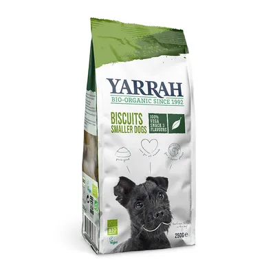 Yarrah Bio-Organic Biscuits Smaller Dogs, 100 % vega snack, 3 flavours, 250 g. Pakkauksessa pieni koira, tekstit: pure break, for all small dogs, be their friend. Bio ja Vegan -merkit.