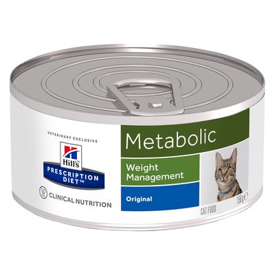 Hill's Prescription Diet Metabolic Weight Management Original kattemad dåse, 156 g. Tekst: Clinical Nutrition, Veterinary Exclusive, billede af kat.