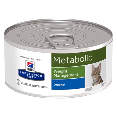 Hill's Prescription Diet Metabolic Weight Management Original kattemad dåse, 156 g. Tekst: Clinical Nutrition, Veterinary Exclusive, billede af kat.