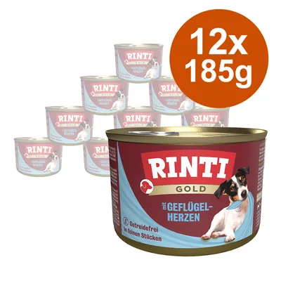 Rinti Gold mit Geflügelherzen, getreidefrei, in feinen Stücken. Packung mit 12 Dosen à 185g.