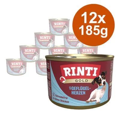 RINTI Gold Geflügelherzen hondenvoer, 12 blikken van 185 g. Op het blik: graanvrij, in fijne stukjes. Afbeelding van een hond op het etiket.