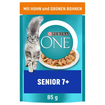 Sachet Purina ONE Senior 7+, 85 g, avec morceaux de poulet et haricots verts visibles, texte allemand « Mit HUHN und GRÜNEN BOHNEN » en haut.