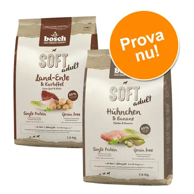 bosch SOFT adult Land-Ente & Kartoffel samt Hühnchen & Banane, Single Protein, Grain free, 2,5 kg. Orange cirkel med texten: Prova nu!
