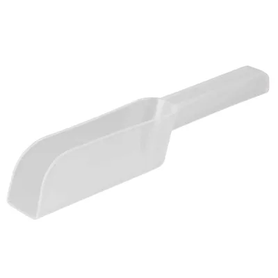 Plastic scoop with a long handle, suitable for measuring and serving dry food or litter. The scoop has high sides to help contain contents during use.