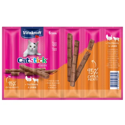 Vitakraft CatStick classic, 6 пръчици, пуйка и агнешко, без захар, без зърнени храни, 95% допълнително месо.
