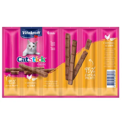 Vitakraft CatStick classic, 6 sticks, volaille et foie, 95 % extra meaty, sans sucre, sans céréales. Texte en anglais, allemand, français, italien, espagnol, polonais.