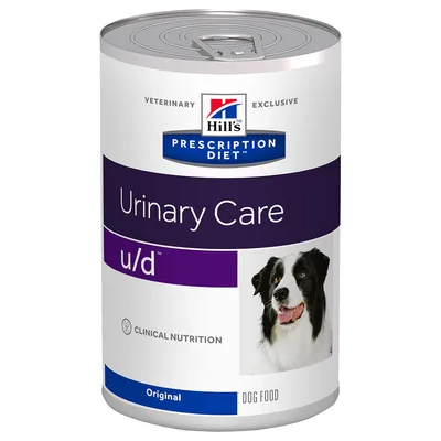 Hill's Prescription Diet Urinary Care u/d Original koiran märkäruoka, purkissa teksti 'CLINICAL NUTRITION', kuva mustavalkoisesta koirasta