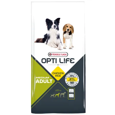 Versele-Laga Opti Life Medium Adult Chicken Rice, 81% proteine animale, 0% grâu, pentru câini adulți de talie medie sub 25 kg. Ambalaj cu doi câini și informații nutriționale vizibile. Versele-Laga Opti Life Medium Adult Chicken Rice, 81% proteine animale, 0% grâu, pentru câini adulți de talie medie sub 25 kg. Ambalaj cu doi câini și informații nutriționale vizibile.