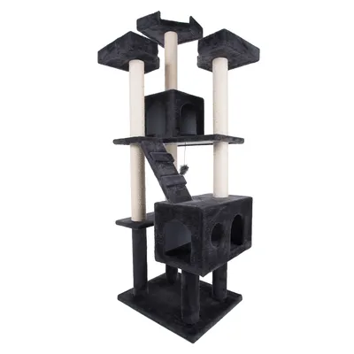 Cat tree with multiple levels, two caves, ladder and sisal posts. Colour: dark grey. Cat tree with multiple levels, two caves, ladder and sisal posts. Colour: dark grey.