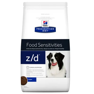 Hill's Prescription Diet Food Sensitivities z/d Original, Hypoallergenic, klinische Ernährung, Beutel mit Hundebild und Trockenfutterstücken abgebildet.