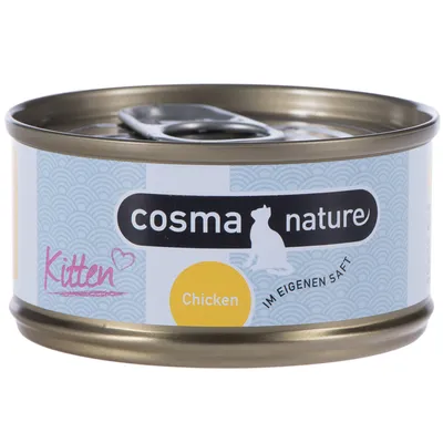 cosma nature Kattemad dåse, tekst: Kitten, Chicken, IM EIGENEN SAFT. Dåse med metal låg og synlig åbning.