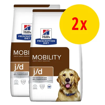 2 sacs Hill's Prescription Diet Mobility j/d, texte visible : VETERINARIAN RECOMMENDED, S+OX SHIELD, ORIGINAL. Chien illustré sur l'emballage.