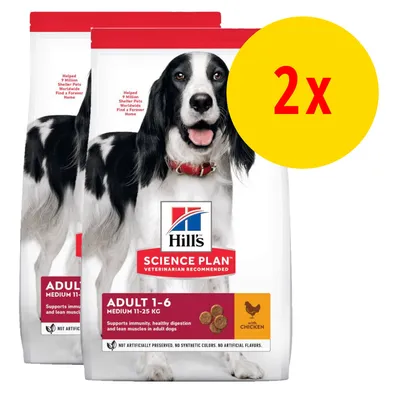 Lot de 2 sacs Hill's Science Plan Adult 1–6 Medium 11–25 kg, poulet. Texte visible : « Supports immunity, healthy digestion and lean muscles in adult dogs ».