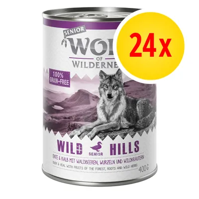 Säästöpakkaus Wolf of Wilderness Senior 24 x 400 g - Lajitelma: lammas, ankka