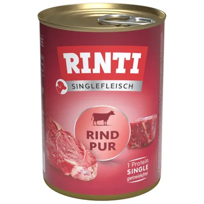 Rinti Singlefleisch Rind Pur, spannmålsfri, 1 protein. Bild av nötköttsbitar på röd bakgrund.