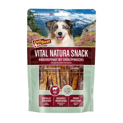 DeliBest Vital Natura Snack, runderkophuid met groenlipmossel. Langs kauwgenot, glutenvrij. Waardevol glucosamine, ondersteunt kraakbeenopbouw, bevordert beweeglijkheid.