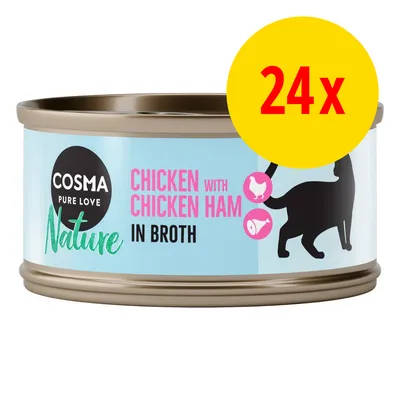 Cosma Nature Chicken with Chicken Ham in Broth kissan märkäruoka, 24x annospakkaus näkyvissä etiketissä. Kanan ja kinkun kuvat sekä musta kissasiluetti etiketissä.