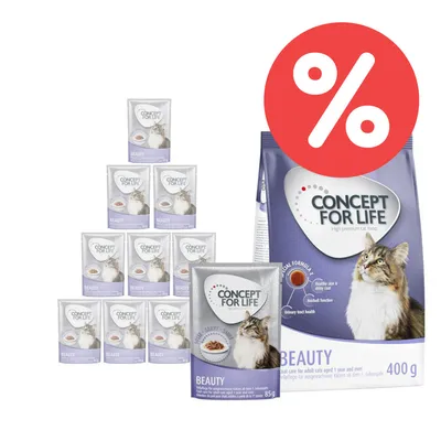 Concept for Life Beauty Katzenfutter, 400g Beutel und 85g Portionsbeutel. Für gesunde Haut, glänzendes Fell und Harnwegsgesundheit. Rabatt-Symbol sichtbar.