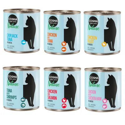Cosma Nature Katzenfutter in Brühe, Sorten: Skipjack Tuna, Chicken and Tuna, Chicken Fillet, Tuna with Shrimps, Chicken and Salmon, Chicken with Chicken Ham. 100% natürliche Zutaten.