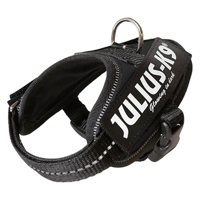Julius-K9 Hundegeschirr, schwarz, mit reflektierenden Streifen und Metallring für Leinenbefestigung.