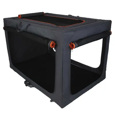 Transport box made of black fabric with mesh windows and orange accents, foldable with carrying handles.