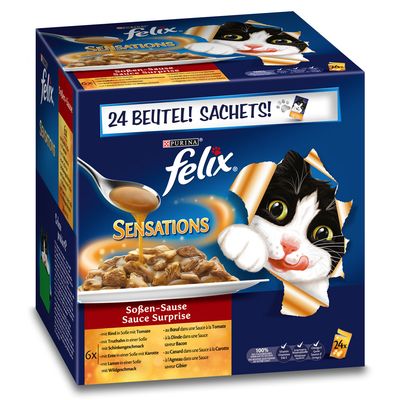 Purina Felix Sensations kattenvoer, 24 sachets. Smaken: rund in tomatensaus, kalkoen, ham, eend met wortel, lam, wild. Afbeelding van natvoer met saus en kat op de verpakking.