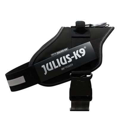 Julius-K9 IDC Power dog harness in black with reflective stripes and sturdy buckle.