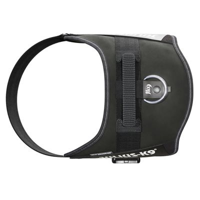 Czarna uprząż dla psa Julius-K9 z wytrzymałym uchwytem i metalowym pierścieniem do mocowania. Boczne napisy 'Julius-K9'.