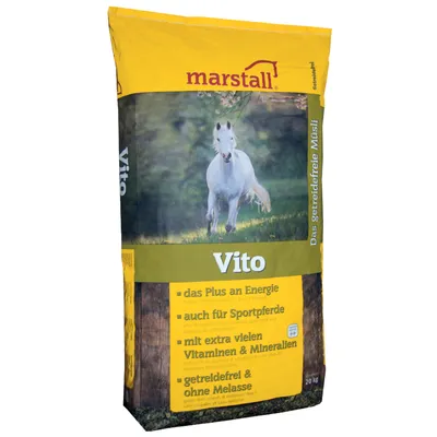 Sac de nourriture pour chevaux marstall Vito 20 kg, texte en allemand : das Plus an Energie, auch für Sportpferde, mit extra vielen Vitaminen & Mineralien, getreidefrei & ohne Melasse.
