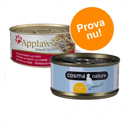 Två burkar kattmat: Applaws Natural Cat Food Chicken Breast with Duck 70 g och Cosma Nature Chicken filet. Orange cirkel med texten 'Prova nu!'.