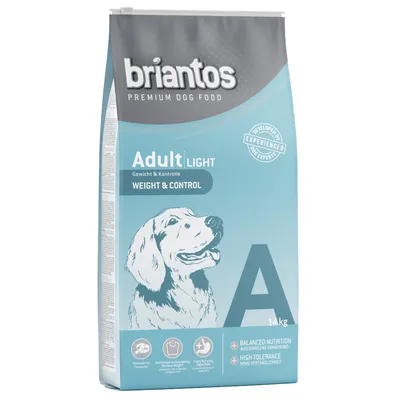 Briantos Premium Dog Food Adult Light Weight & Control, 14 kg. Tekst: Balanced nutrition, high tolerance, reduced fat, tasty easily digestible, developed by experienced dog experts.