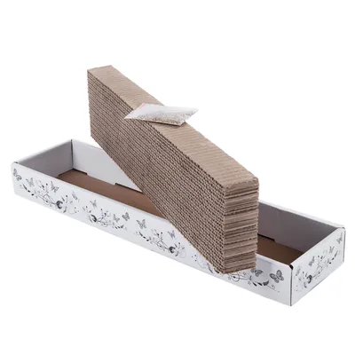 Placă de zgâriat din carton ondulat cu cutie decorativă și plic de mentă pentru pisici.