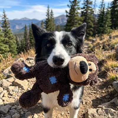 Cane tiene in bocca un giocattolo di peluche marrone a forma di orso con toppe blu.