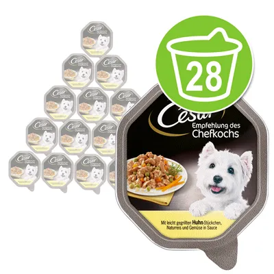 Cesar Empfehlung des Chefkochs. Con trozos de pollo ligeramente asados, arroz natural y verduras en salsa. Paquete de 28 raciones.