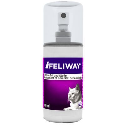 Spray Feliway 60 ml com imagem de gato e texto visível: 'Hilfe an Ort und Stelle', 'Apaisement et sérénité: action ciblée'. Rótulo roxo, pulverizador transparente.