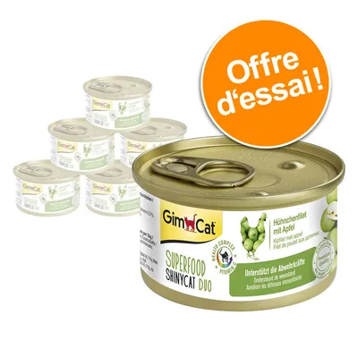 Lot de boîtes GimCat Superfood ShinyCat Duo, filet de poulet aux pommes, texte visible : Offre d’essai !