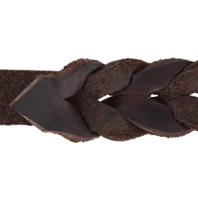 Braided brown leather strap, close-up of texture and material quality.