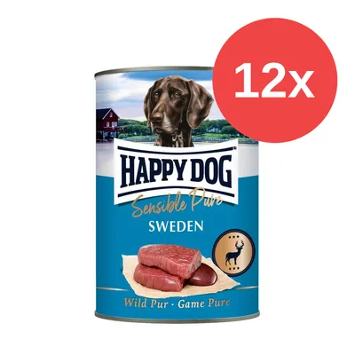 Happy Dog Sensible Pure Sweden, Wild Pur. Abbildung einer Dose mit rotem Fleisch und Hundebild. Packungsgröße: 12x.