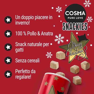 COSMA PURE LOVE SNACKIES. Un doppio piacere in inverno! 100 % Pollo & Anatra. Snack naturale per gatti. Senza cereali. Perfetto da regalare! Merry Christmas.