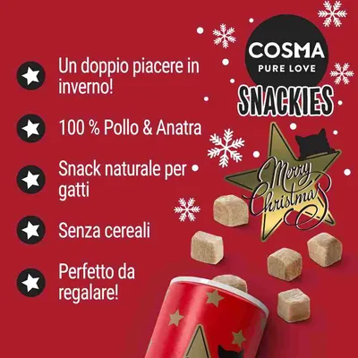 COSMA PURE LOVE SNACKIES. Un doppio piacere in inverno! 100 % Pollo & Anatra. Snack naturale per gatti. Senza cereali. Perfetto da regalare! Merry Christmas.
