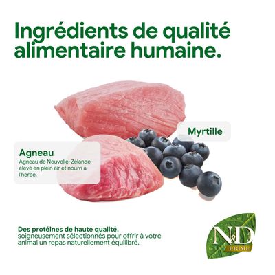 N&D Prime. Ingrédients : agneau de Nouvelle-Zélande, myrtilles. Protéines de haute qualité pour une alimentation animale équilibrée, soigneusement sélectionnées.