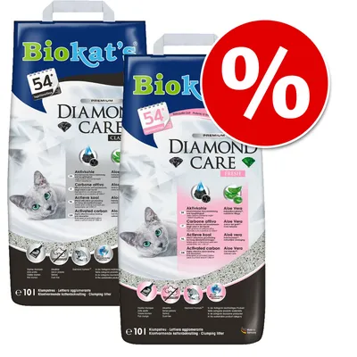Biokat's Diamond Care kattegrus, 2 poser á 10 l. Tekst: Aktivkohle, Aloe Vera, 54 dage, klumpende kattegrus. Stor rød procent-tegn for tilbud.