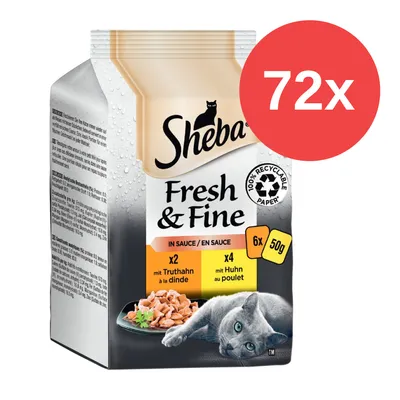 Sheba Fresh & Fine in Sauce, 72x Portionsbeutel à 50g, mit Truthahn x2 und Huhn x4, 100% recycelbares Papier.